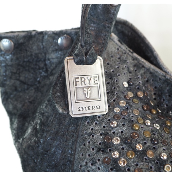 RARE Frye Deborah Studded Slate Gray Leather Bag + Matching Zip Wallet - Picture 9 of 15